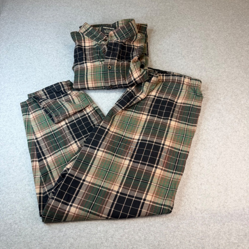 Vermont Flannel Co Plaid Pajama Set Mens Large Green Brown Cotton USA Made